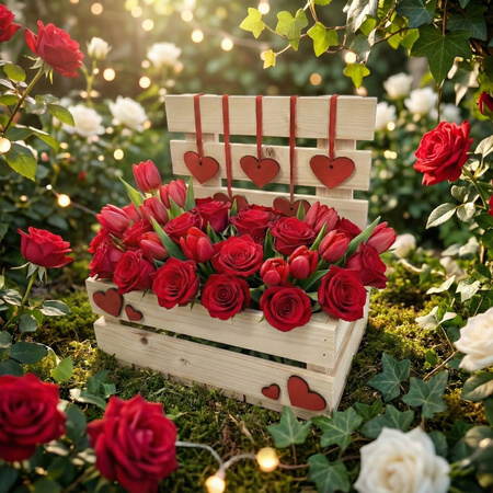Skrzynka Walentynkowa Surowa z Płotkiem i Wiszącymi Sercami 30x20x30 cm – Zestaw Kreatywny | GoodFreshDecor
