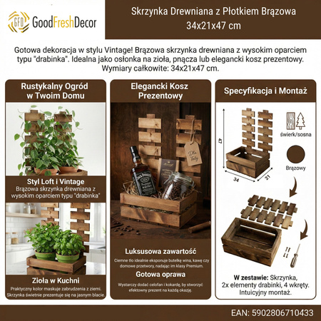 Skrzynka Drewniana z Płotkiem Brązowa 34x21x47 cm Kwietnik i Baza Prezentowa | GoodFreshDecor