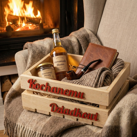 Zestaw Prezentowy: Skrzynka Drewniana "Kochanemu Dziadkowi" + Wełna Drzewna | GoodFreshDecor
