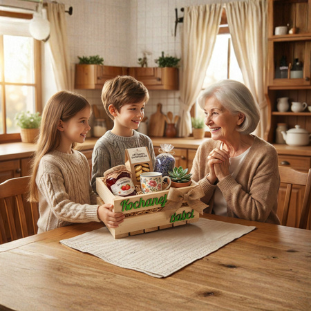 Zestaw Prezentowy: Skrzynka Drewniana "Kochanej Babci" + Wełna Drzewna | GoodFreshDecor