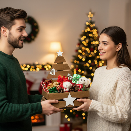 Brązowa Drewniana Skrzynka Świąteczna z Choinką 30x20x40 cm | GoodFreshDecor