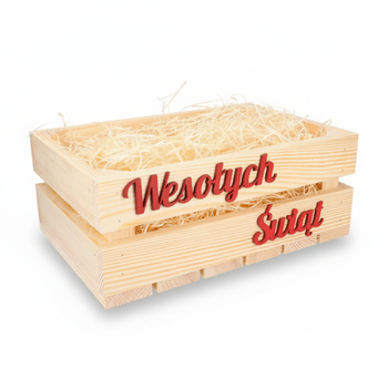 Skrzynka Drewniana Świąteczna 30x20x12 Wesołych Świąt + Wełna Drzewna | GoodFreshDecor