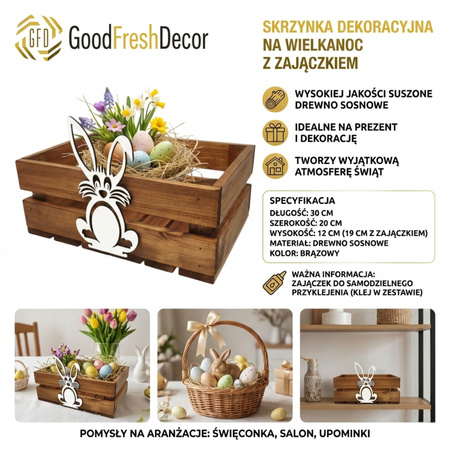 Skrzynka Wielkanocna Drewniana Brązowa z Zajączkiem 30x20 cm – Dekoracja DIY | GoodFreshDecor