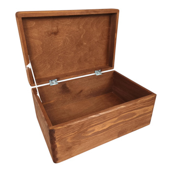 Skrzynka drewniana zamykana z zawiasami 30x20x14 cm w kolorze brązowym, z nóżkami i fazowanymi krawędziami