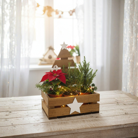 Brązowa Drewniana Skrzynka Świąteczna z Choinką 30x20x40 cm | GoodFreshDecor