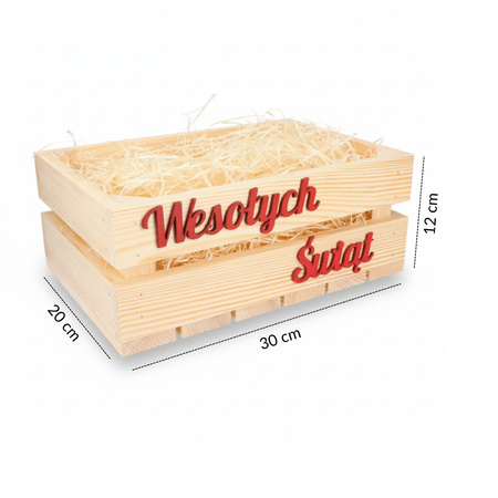 Skrzynka Drewniana Świąteczna 30x20x12 Wesołych Świąt + Wełna Drzewna | GoodFreshDecor