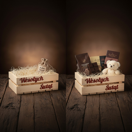 Skrzynka Drewniana Świąteczna 30x20x12 Wesołych Świąt + Wełna Drzewna | GoodFreshDecor