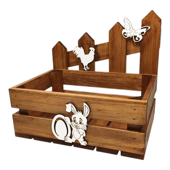 Skrzynka dekoracyjna na Wielkanoc z ozdobnym płotkiem, brązowa 30x20x28 cm