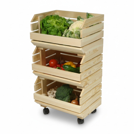 Drewniany Regał Modułowy na Warzywa i Owoce 3-poziomowy na Kółkach | GoodFreshDecor